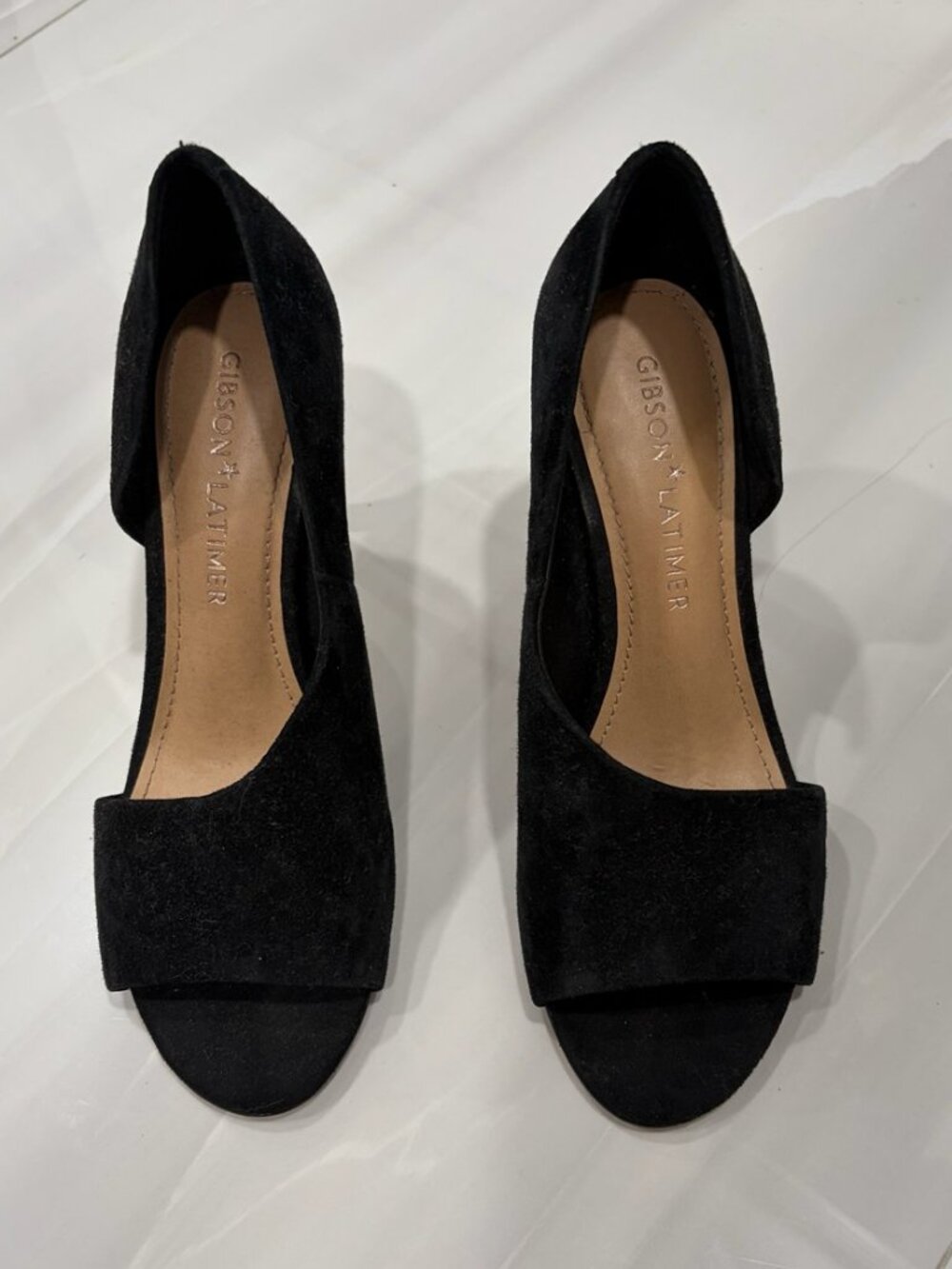 Gibson & Latimer Black Suede Peep Toe Stiletto Heels